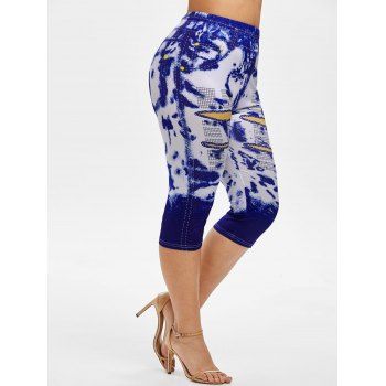 

Plus Size Cloud Tie Dye 3D Print Cropped Jeggings, Deep blue