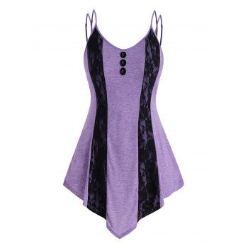 

Lace Panel Strappy Mock Buttons Plus Size Tank Top, Purple