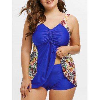 

Plus Size Floral Paisley Print Cinched Tankini Swimwear, Blue