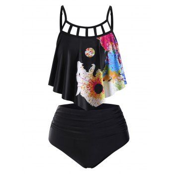 

Plus Size Wolf Print Splatter Paint Tankini Swimwear, Black