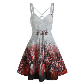 

Tree Print Crisscross Tie Waist Mini Cami Dress, Light gray