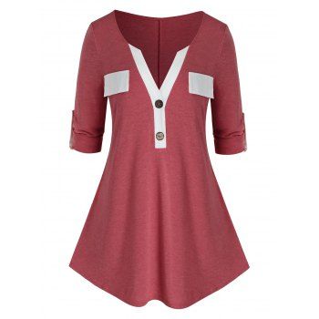 

Plus Size Half Placket Roll Tab Sleeve Tunic Tee, Valentine red