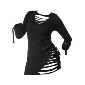 

Long Sleeve Lace-up Ripped Gothic T-shirt, Black