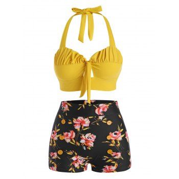 

Halter Floral Ruched Boyshorts Bikini Swimwear, Yellow