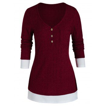 

Plus Size Bicolor Chest Pocket Knitted Sweater, Red wine