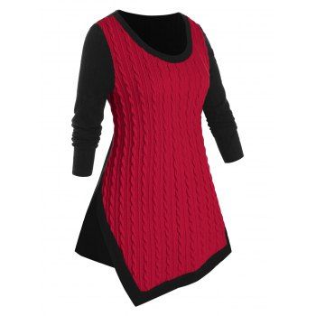 

Plus Size Bicolor Cable Knit Uneven Hem Tunic Sweater, Multicolor
