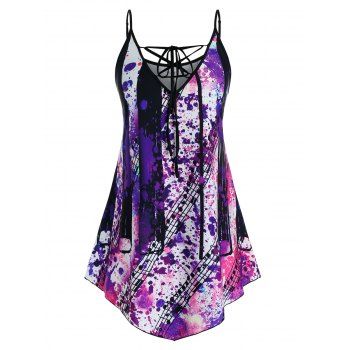 

Plus Size Lace Up Musical Notes Splatter Paint Tank Top, Black