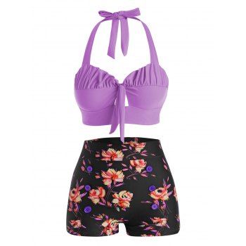 

Bright Bikini Swimsuit Halter Bathing Suit Floral Boyshorts Ruched Tied Up Cut Out Corset Beach Swimwear, Purple