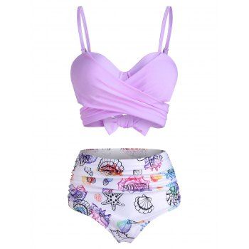 

Tummy Control Bikini Swimsuit Marine Life Swimwear Shell Crossover Tied Back Ruched Beach Bathing Suit, Light purple