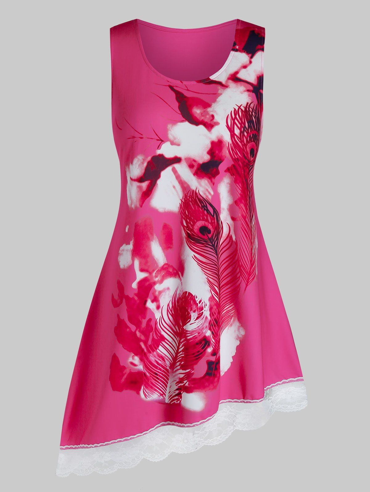

Plus Size Asymmetrical Feather Print Tank Top, Hot pink
