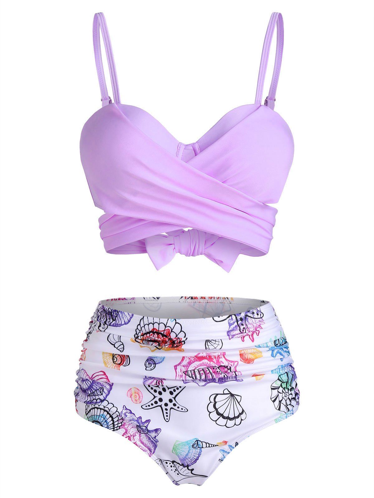 Ensemble de Bikini Enveloppé Matelassé Coquille et Etoile de Mer Imprimés - Violet clair S