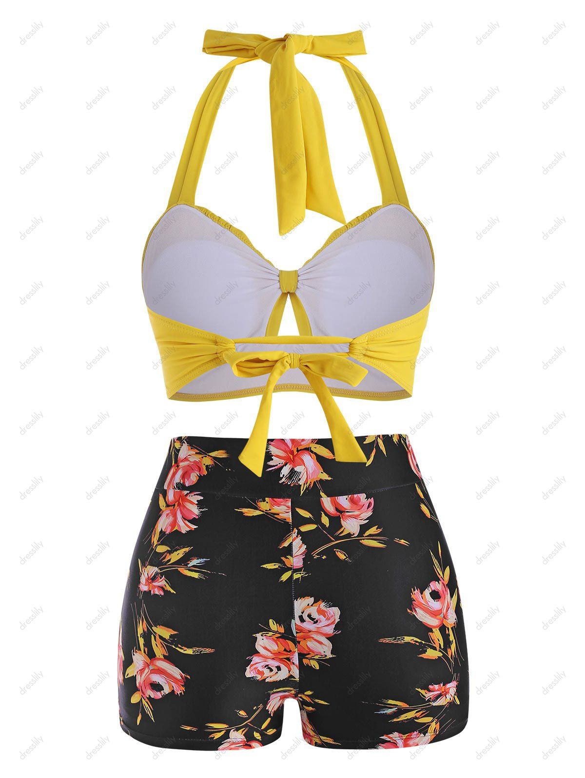 [35 OFF] 2021 Halter Floral Ruched Boyshorts Bikini Swimwear In YELLOW