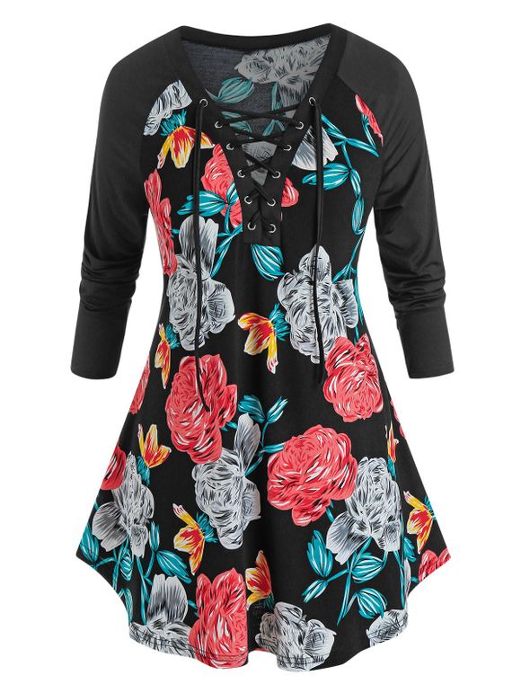 T-shirt Motif de Fleur de Grande Taille à Manches Raglan à Lacets - Noir 5X