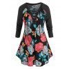 T-shirt Motif de Fleur de Grande Taille à Manches Raglan à Lacets - Noir 5X