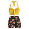 Bright Swimsuit Halter Floral Boyshorts Ruched Tied Up Cut Out Corset Bikini Swimwear - YELLOW M