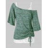 Ensemble de T-shirt Sanglé de Grande Taille à Col Oblique et de Haut à Bretelle en Dentelle - Vert Tortue de Mer 5X