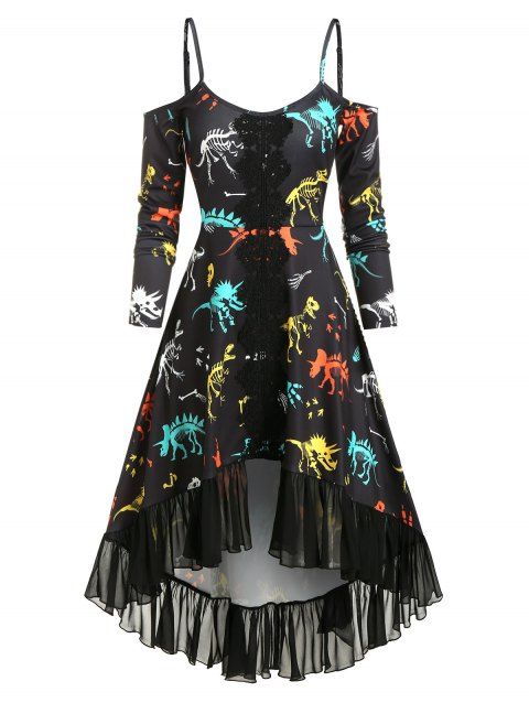 Vintage Gothic Dinosaur Dress Print Cutout Cold Shoulder High Low Chiffon Flounce Guipure Lace Insert Dress