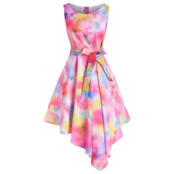 

Flower Tie Dye Pleated Waist Asymmetrical Dress, Light pink