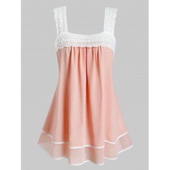 

Plus Size Crochet Panel Square Neck Backless Tank Top, Deep peach