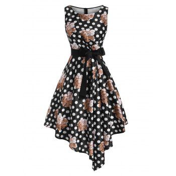

Flower Print Pleated Waist Belted Asymmetrical Dress, Black
