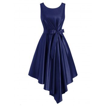 

Belted Pleated Waisted Sleeveless Asymmetrical Dress, Deep blue