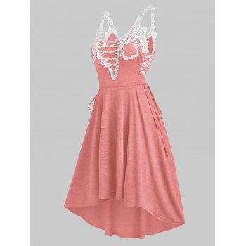 

Casual Crochet Lace Insert Dress High Low Lace Up Dip Hem High Waisted Midi Cami Dress, Pink