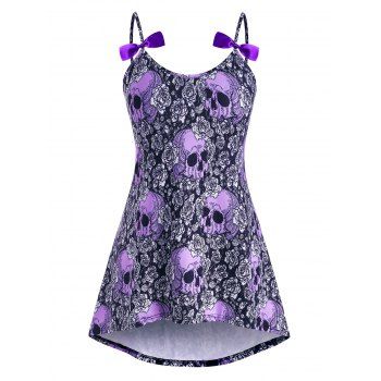 

Bowknot High Low Skull Floral Halloween Plus Size Cami Top, Purple