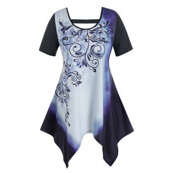 

Plus Size Tie Dye Pattern Handkerchief Cutout Tee, Cadetblue