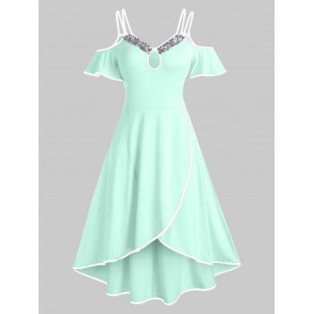 

Cold Shoulder Sequin Insert Keyhole Overlap Dress, Mint green