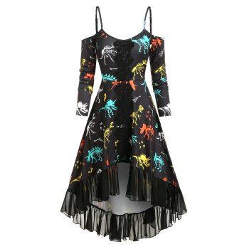 

Applique Dinosaur Bone Print High Low Dress, Black