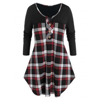 

Plus Size Plaid V Notch Long Sleeve Tee, Black