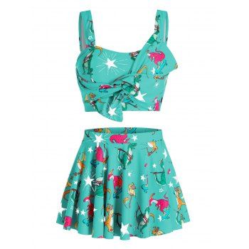 

Plus Size Star Dinosaur Knotted Tankini Swimwear with Skirt, Light green