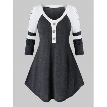 

Plus Size Bicolor Lace-up Raglan Sleeve Tunic Tee, Multicolor