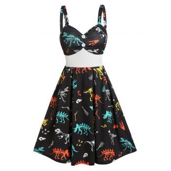 

Dinosaur Skeleton Print Empire Waist Mini Cami Dress, Black