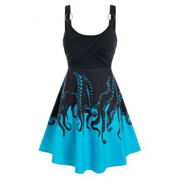 

Plus Size Octopus Print Ring Linked A Line Dress, Black