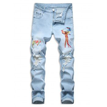 

Floral Bird Embroidery Ripped Long Jeans, Light blue