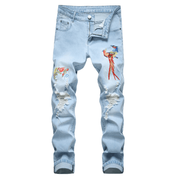 Floral Bird Embroidery Ripped Long Jeans