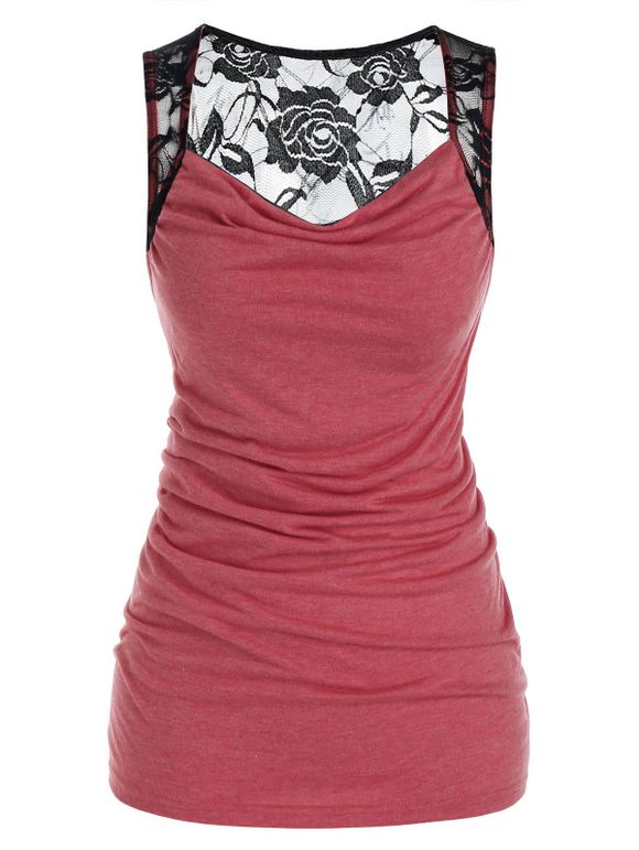 Débardeur Drapé Panneau en Dentelle Transparente Grande-Taille à Volants - Rouge Cerise 5X