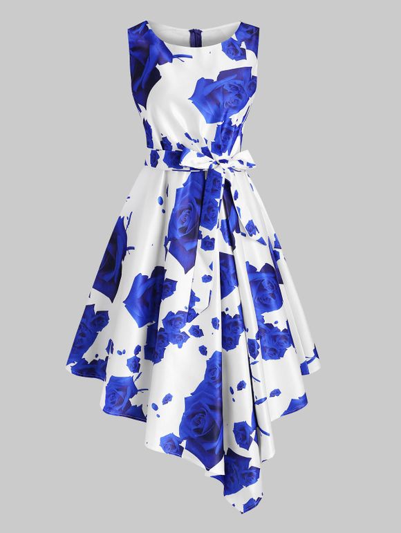 Robe Asymétrique Ceinturée Fleur Imprimée à Taille Plissée - Bleu XL