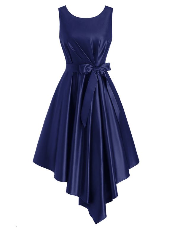 Robe Asymétrique sans Manches à Taille Plissée avec Ceinture - Bleu profond XL