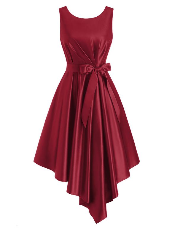 Robe Asymétrique sans Manches à Taille Plissée avec Ceinture - Rouge XL