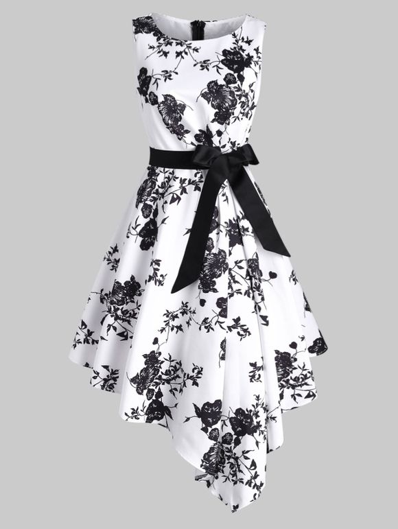Robe Asymétrique Fleur Teinté à Taille Plissée - Noir 2XL