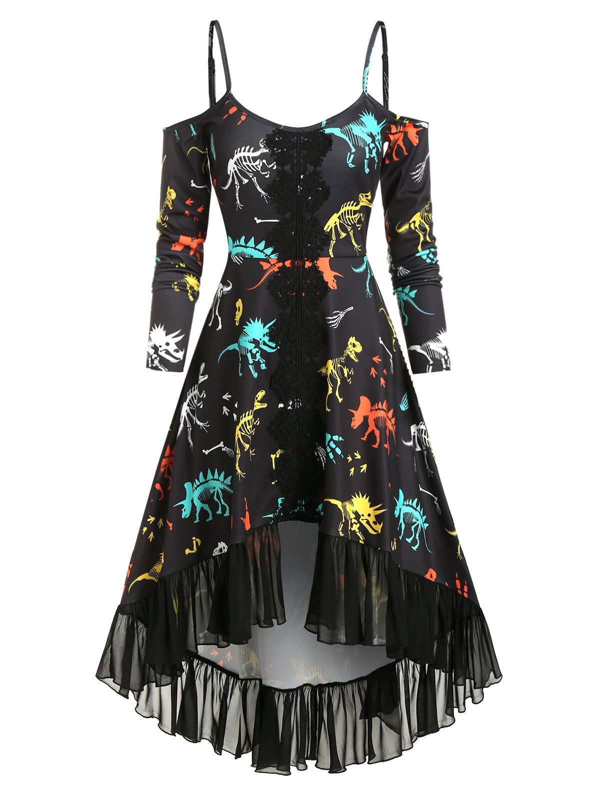 Vintage Gothic Dinosaur Dress Print Cutout Cold Shoulder High Low Chiffon Flounce Guipure Lace Insert Dress - BLACK L