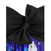 Plus Size Halloween Pumpkin Bat Print Bowknot Long Sleeve Dress - BLACK 4X