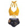 Maillot de Bain Bikini Embelli de Bague Lune Etoile et Soleil à Taille Haute avec Anneau en O - Jaune 2XL