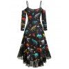 Vintage Gothic Dinosaur Dress Print Cutout Cold Shoulder High Low Chiffon Flounce Guipure Lace Insert Dress - BLACK L