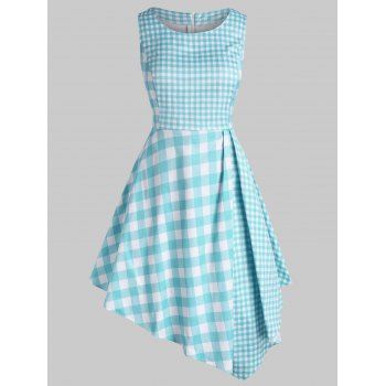 

Plus Size Plaid Asymmetrical Sleeveless Dress, Light blue