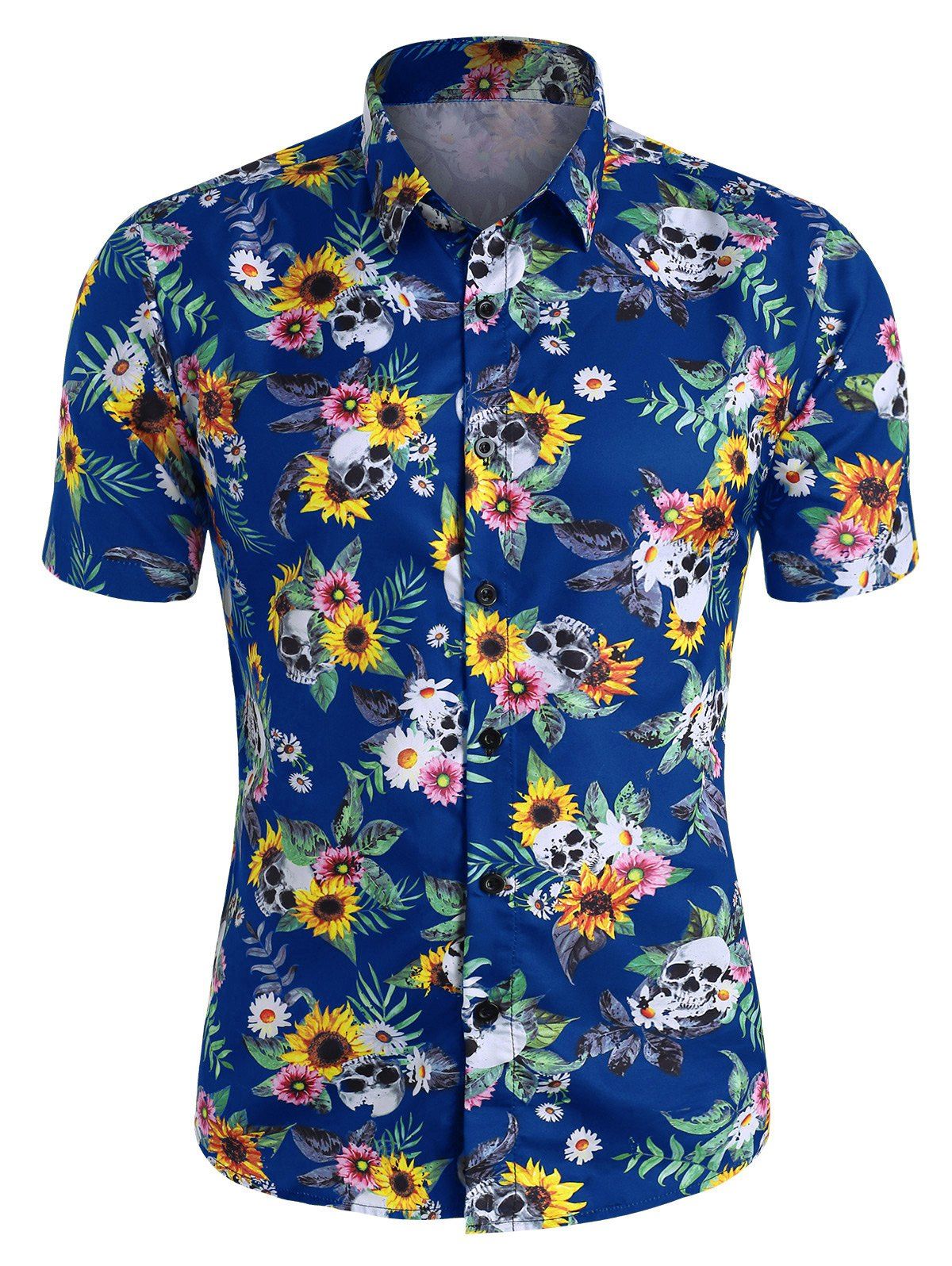 [36% OFF] 2020 Skull Ditsy Floral Button Up Casual Shirt In BLUE ...