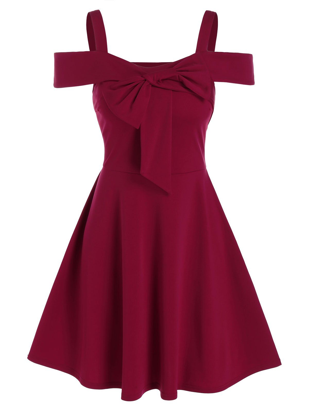 Cold Shoulder Bowknot Detail Vintage Dress - RED WINE XL