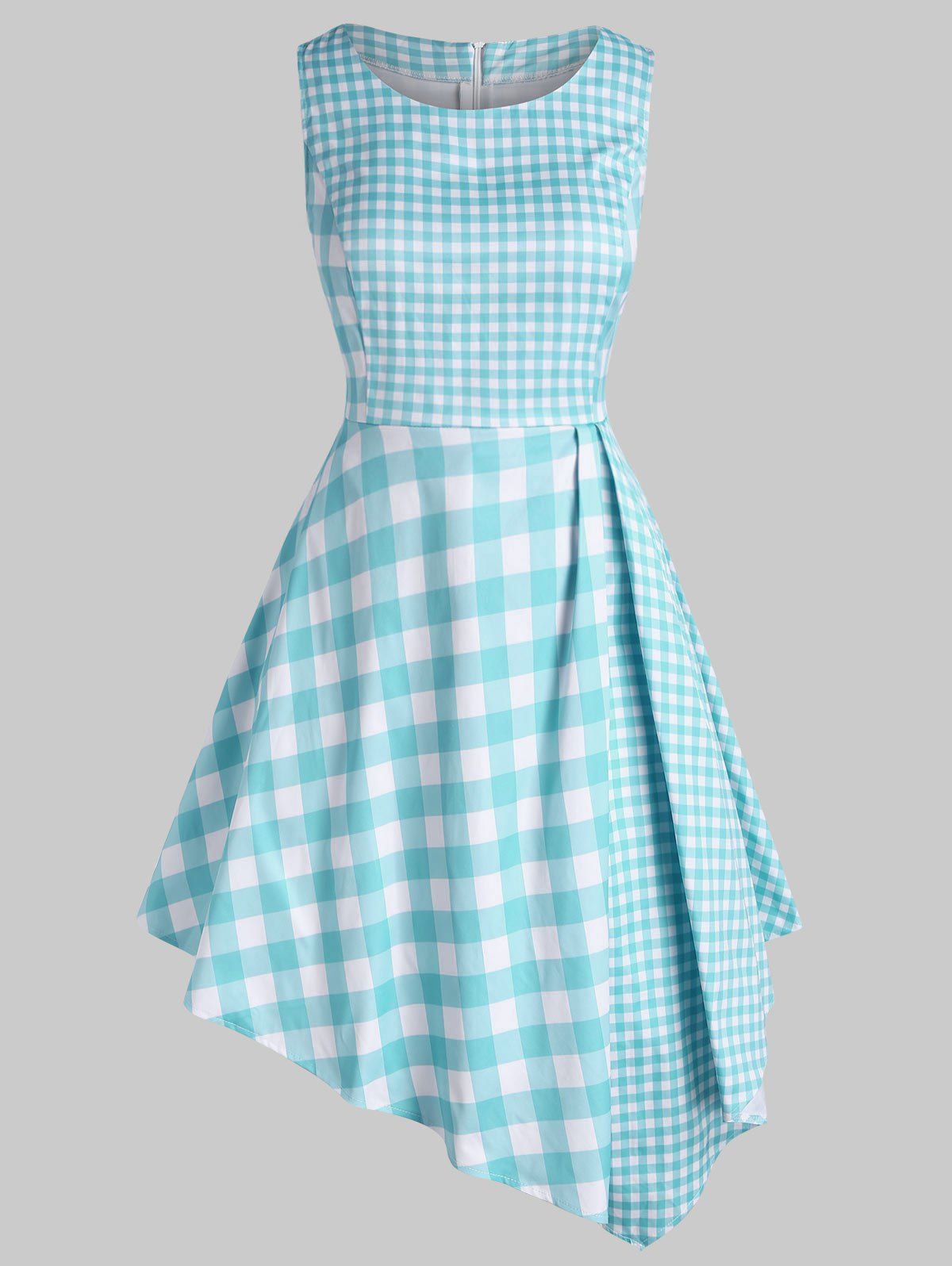 Plus Size Plaid Asymmetrical Sleeveless Dress - LIGHT BLUE L